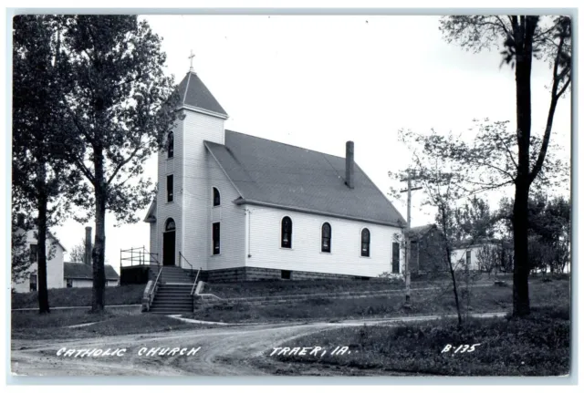 c1940's Catholic Church Scene Street Dirt Road Traer Iowa IA RPPC Photo Postcard
