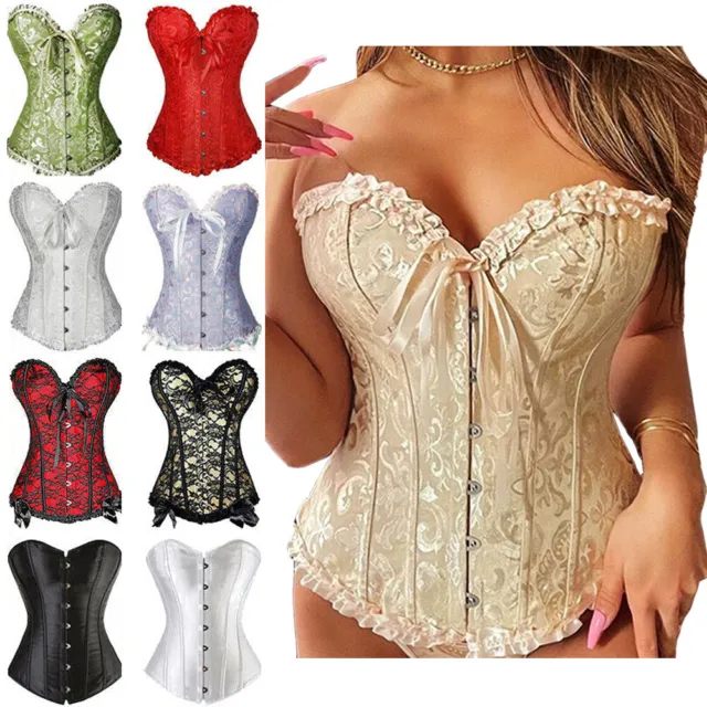 Women Sexy Overbust Boned Corset Burlesque Basque Lace-Up Top Costume Size 6-24