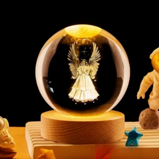 GUARDIAN ANGEL WINGS LED Crystal Ball Night Light Christian Gift Wood ...