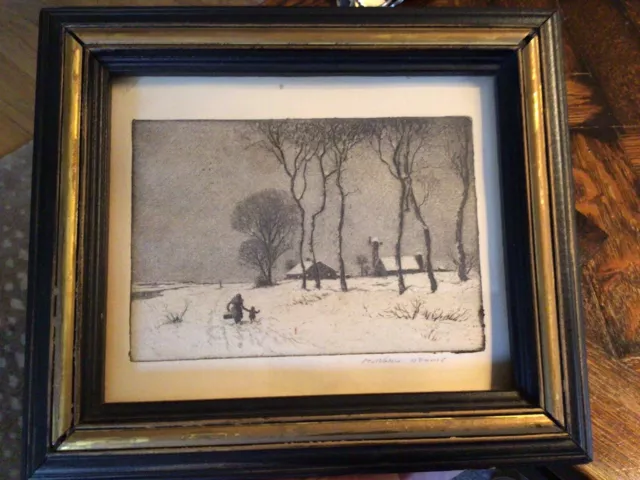 antique 1920’s artist HAROLD DENNIS etching engraving PRINT “Winter Landscape"