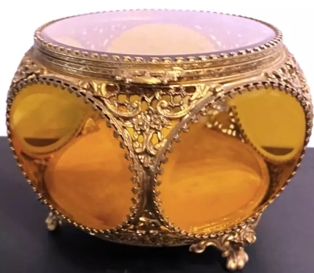 Vtg Antique French Oval Glass Gp Ormolu Filigree Beveled Footed Vanity Box-Mint