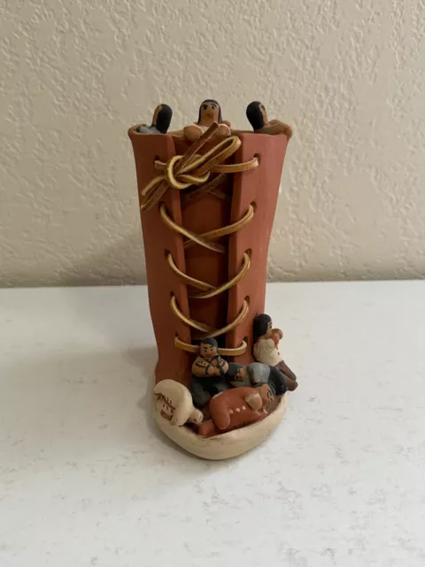 Native American Jemez Pueblo Pottery Signed Storyteller Vase w/ Figures & Shoe 2