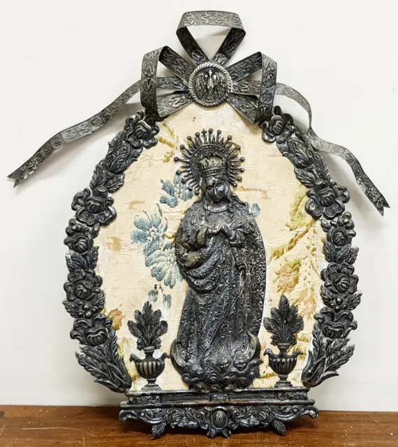 Bass Reliev In Silver. Virgin With Child. Embroidered Silk. Xviii-Xix Century.