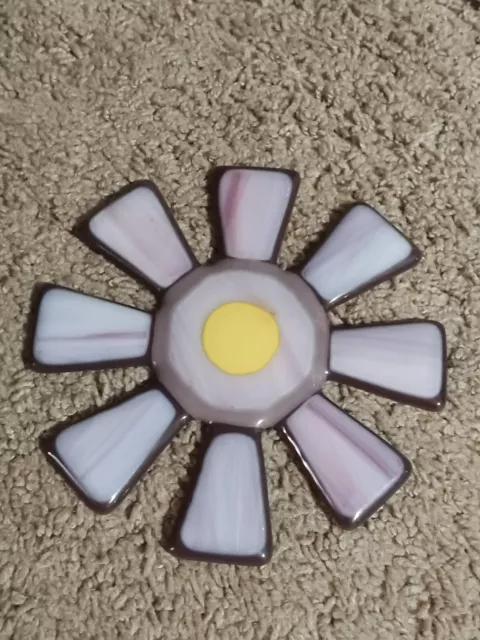 Vintage Hand Made Stain Glass Art Deco, Sunshine Or Flower, Purple & Yellow