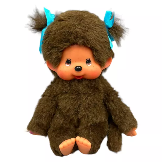 Sekiguchi Monchichi Monchhichi  Plüsch Puppe 20cm Braun Blaue Schleifen Daumen