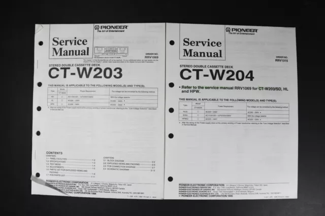 Pioneer CT-W203 CT-W204 Cassette Deck Service Manuals - Genuine Original