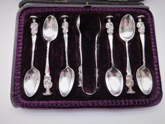 Antique Set 6 Silver Apostle Nimbus Dove Coffee Spoons & Tongs c1897 T Bradbury