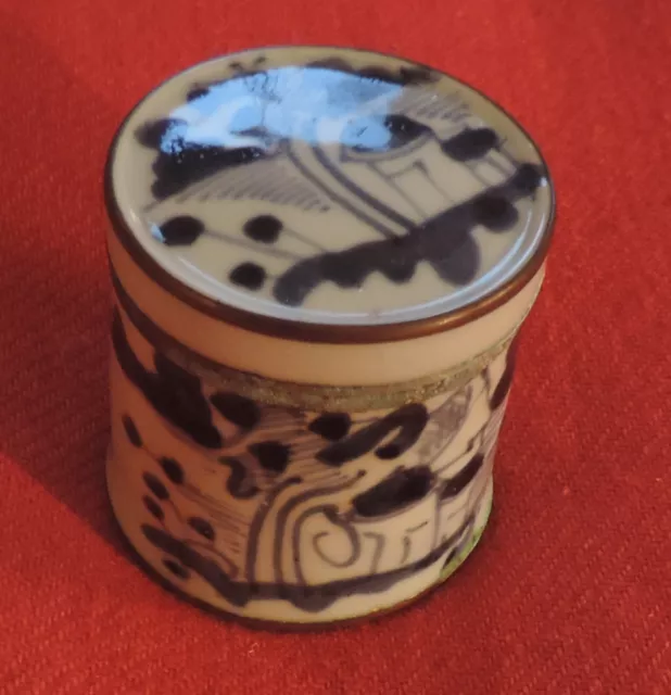 Chinese Porcelain Round Box Jar with Copper Rim Blue & White Landscape Qing