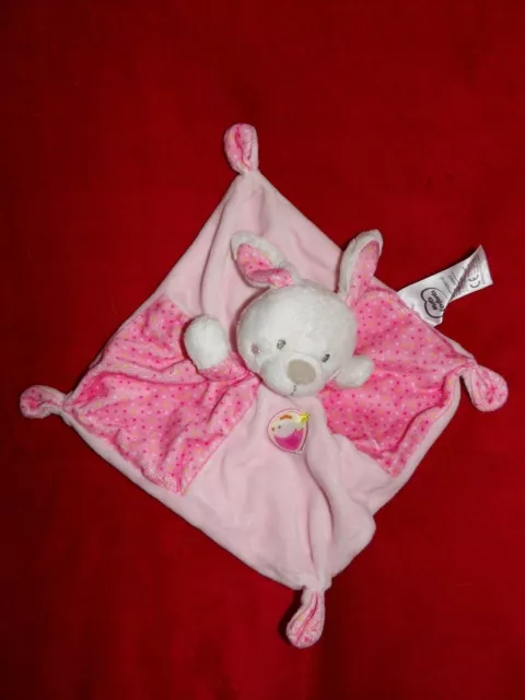 Doudou Plat  MOTS D'ENFANTS Lapin Blanc Rose Pois Oiseau ETAT NEUF