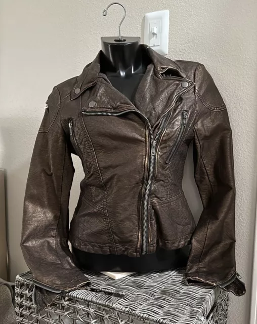 FLAWED Free people bronze brown faux leather zip asymmetric coat moto jacket 4