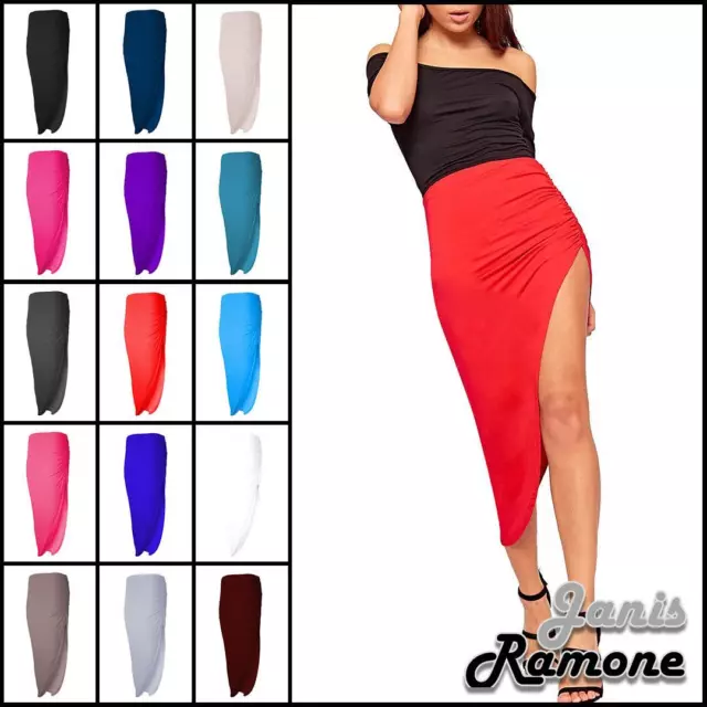 Womens Side Split Maxi Skirt Plain Asymmetric Ruched Slit Gypsy Party Long Skirt