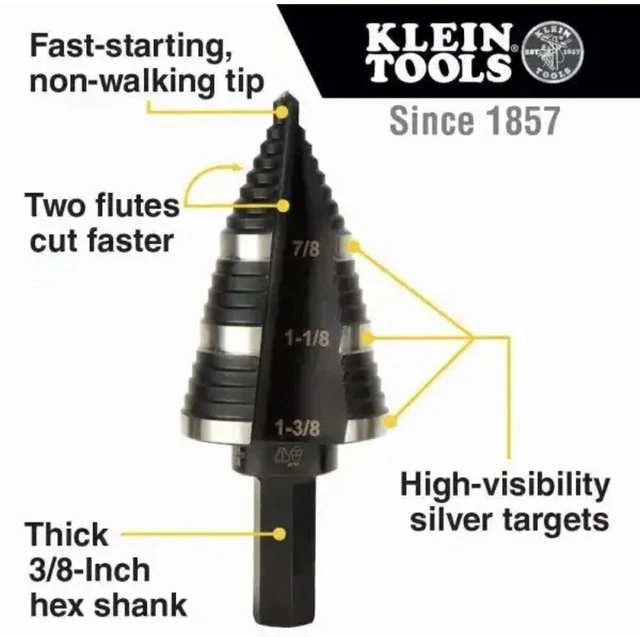 Klein Tools KTSB15 Step Drill Bit #15 Double Fluted 7/8 to 1-3/8-In Fctry Sealed