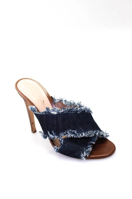 Gianvito Rossi Womens Leather Open Toe Slip On Frayed Denim Heels Blue Size 38 8 Gianvito Rossi Womens Leather Open Toe Slip On Frayed Denim Heels Blue Size 38 8