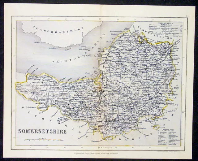 1846 Thomas Dugdale Antique Map of English County of Somerset, England