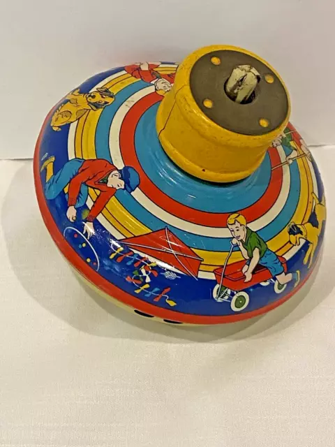 1930s Vintage /antique Colourful Spinning Toy Top Tin Made in USA wood