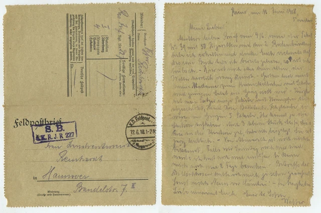 97587 - Feldpostbrief - 12.6.1918 nach Hannover