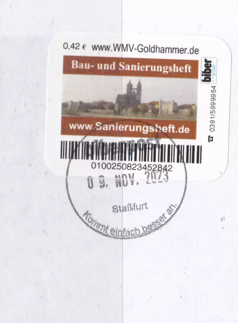 Privatpost. Biberpost. Goldhammer Sanierungsheft, auf Briefstück