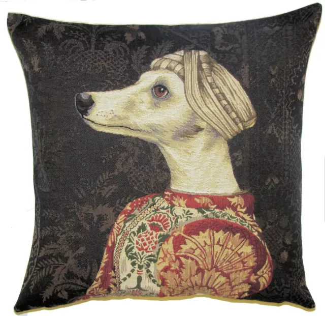 Housse coussin Tapisserie Chien enrubanné inspiration peinture italienne 45 cm