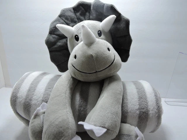 Cloud Castle Dinosaur holding a plush blanket grey and white