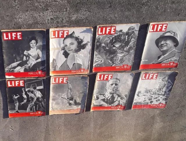 vintage Life Magazine Lot B. Of 8 WW2 1940's Good + Coca Cola Lucky Strike Ads!