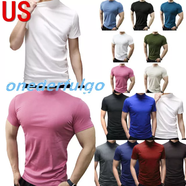 US Mens T Shirt Short Sleeve Basic Mock Turtleneck Slim Fit Pullover Undershirt