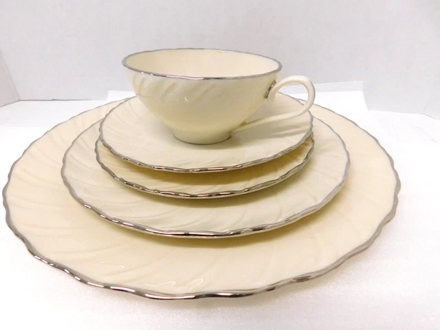 Lenox Weatherly 5 piece Place Setting Swirled Platinum Trim Disct'd D517 VTG USA