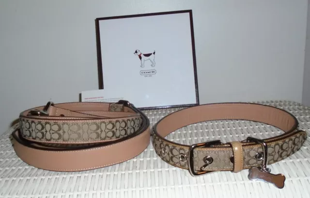 New Coach Brown Jacquard Signature C Leather Dog Collar Leash Set Large 60364