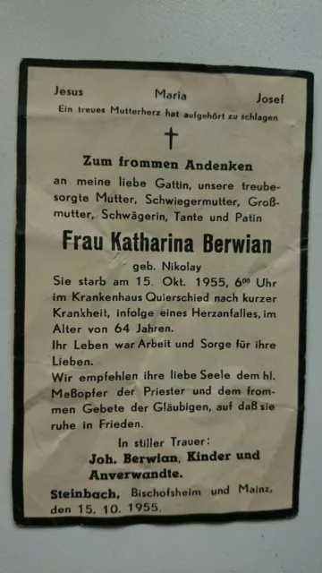 Todesanzeige -death card- Jesus Maria Josef - Frau Katharina Berwian - Steinbach