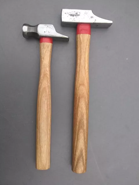 Vintage restored pair of English and French joiners cross pein hammers.