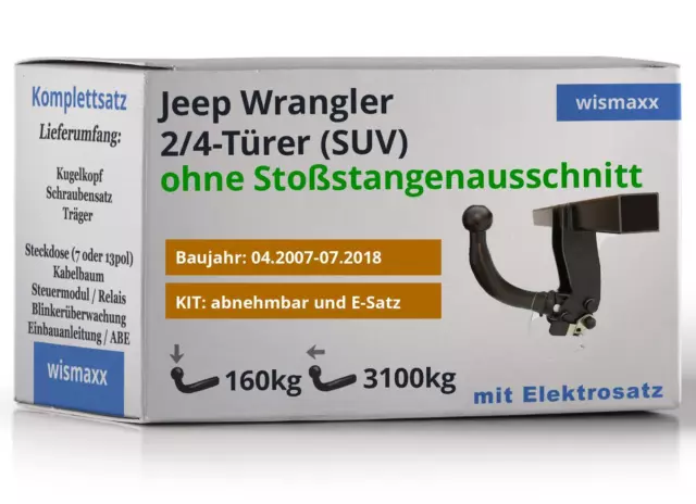 ANHÄNGERKUPPLUNG abnehmbar für Jeep Wrangler 07-18 +7polig E-Satz ABE