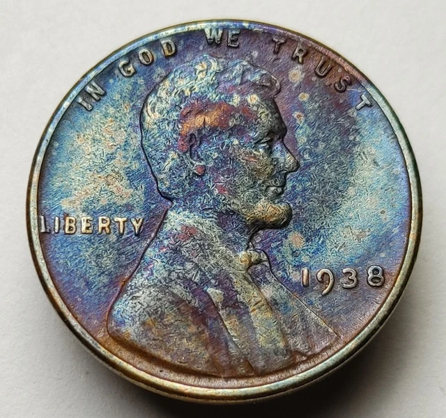 1938 wheat penny monster toning us Lincoln one cent coin #246