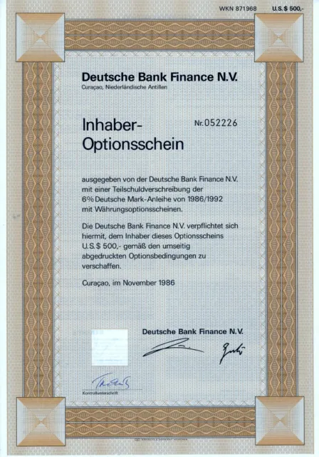 Deutsche Bank Finance N.V, Curacao, 1986, 6% Inhaber-Optionsschein (500 $)