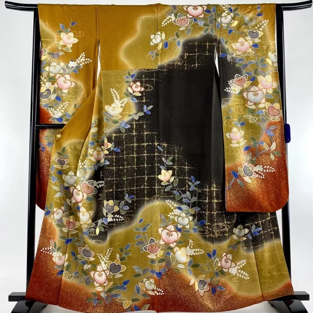 Japanese kimono SILK"FURISODE" long sleeves, Gold thread/leaf,Plants,L63"..2700