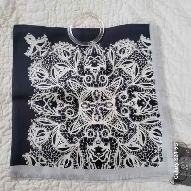 NEW Vince Camuto Women's Black/Cream Lace Crossing Square Silk Scarf w-Ring NWT