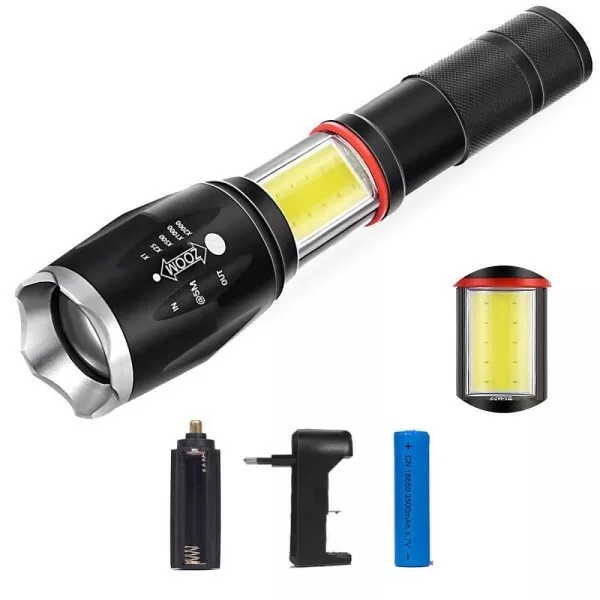 Torcia Tattica Militare Zoom Cob Ricaricabile Alta Luminosita' T6 Led Te-b0044