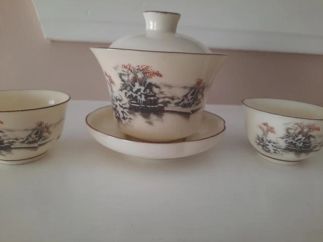 Character Marked Chinese Tea set Tureen 2 cups no handles Cherry Blossoms set 3