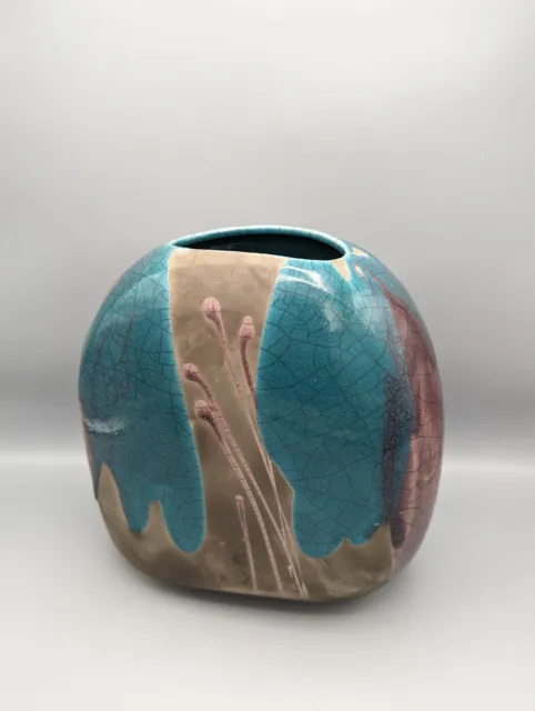 ✨ TONY EVANS RAKU Pot Vase Studio Art Pottery SIGNED #245 Purple Teal Turquoise