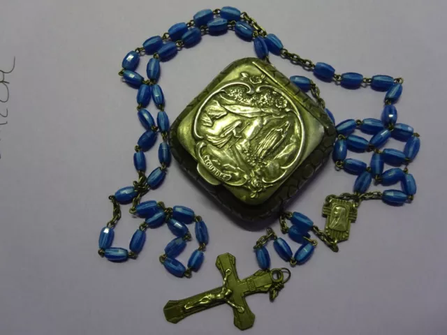 ANTIQUE LOURDES ROSARY box / antique HEAVEN blue GLASS rosary $0.99 ...
