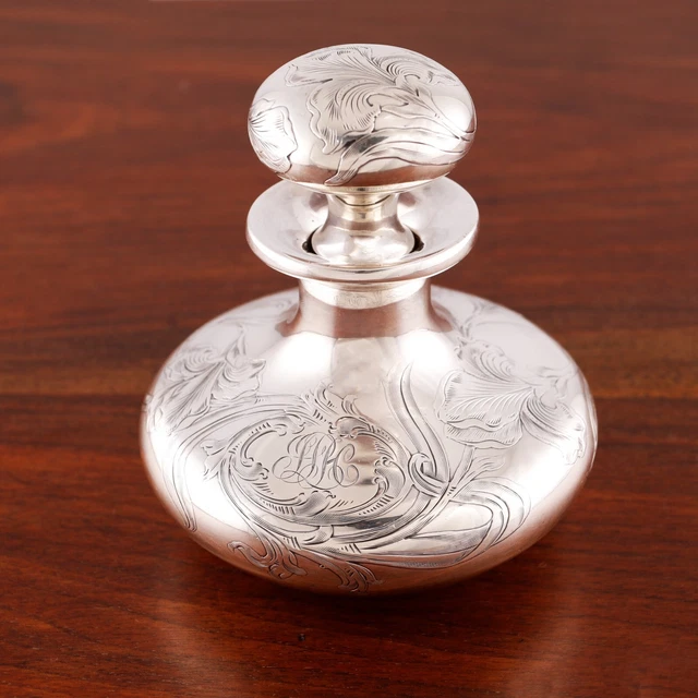 LARGE ALVIN ART NOUVEAU STERLING SILVER FULL OVERLAY PERFUME BOTTLE IRIS c1890