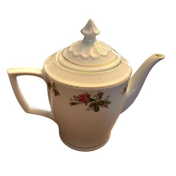 Chinese porcelain white floral teapot with lid vintage 6 in tall