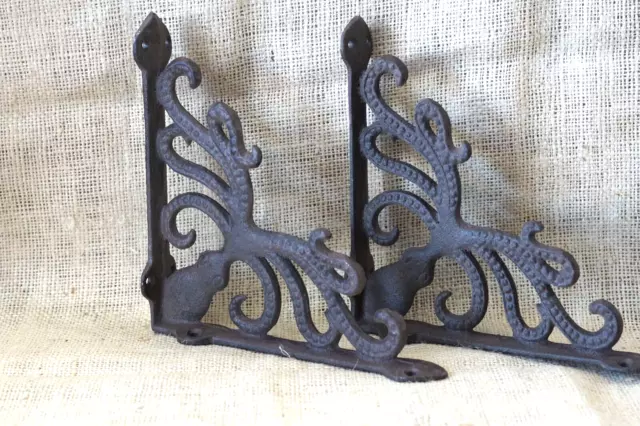 2 Cast Iron Octopus Brackets Nautical Garden Braces Shelf Corbels Ocean Rustic