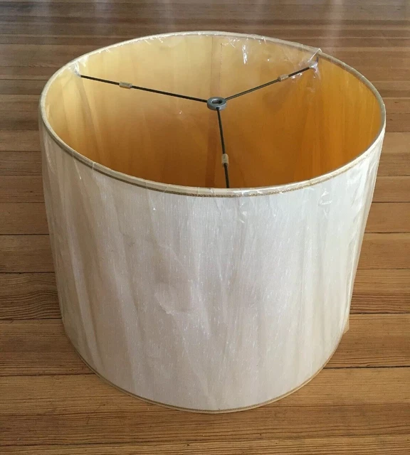 Vintage Linen Drum Lampshade Beige w/Gold Trim Plastic Inner Lining MCM Original