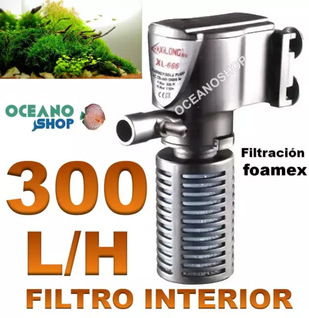 FILTRO INTERIOR 300l/h ACUARIO con FOAMEX 3W Tortuguera Gambario pecera INTERNO