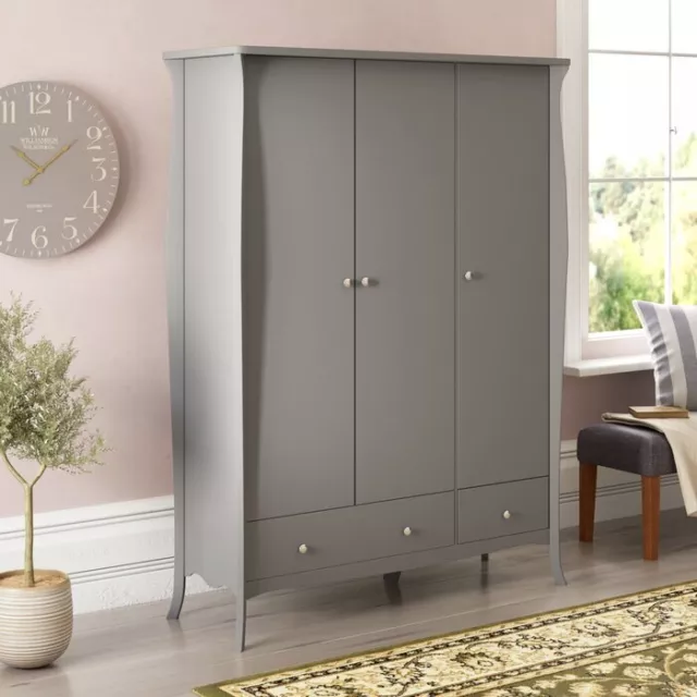 Steens Baroque French Style 3 Door 2 Drawer Large Wide Wardrobe In Grey