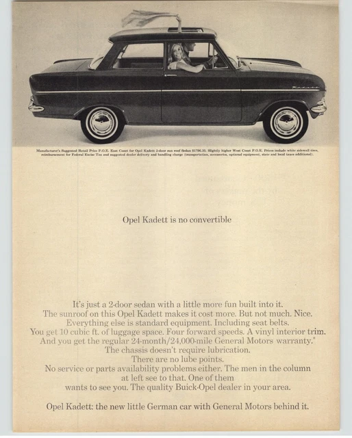 1964 Black Opal Kadett 2 Door Compact Sedan Vintage Magazine Car Print Ad