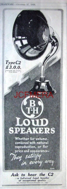 'B T-H' Type C2 Loudspeakers; 1926 Advert - Original Art Deco Print AD.