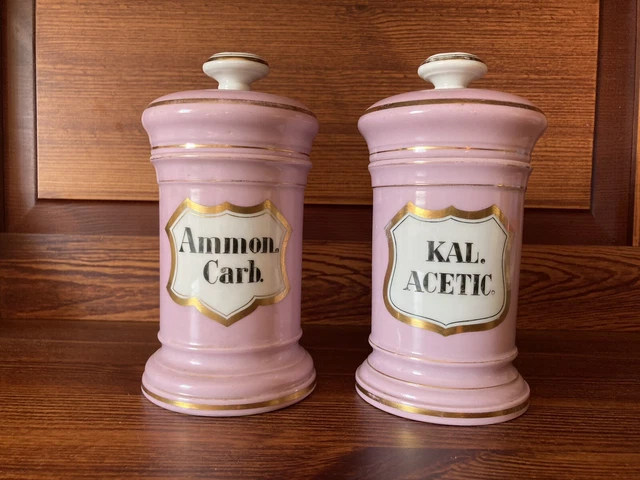 2 Stück Porzellan Apothekergefäß mit Deckel in rosa - Ammon. Carb. & Kal. Acetic