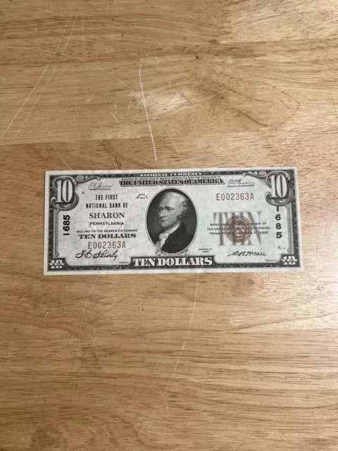 1929 Uncirculated National Currency 10 Dollar Bill Sharon PA