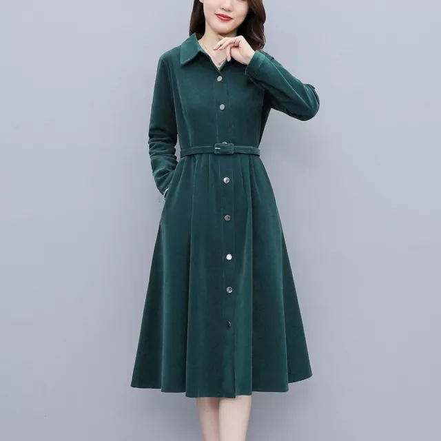 Ladies Corduroy Dress Retro Midi with Belt A-line Big Swing Pocket Long Sleeve