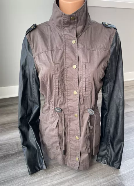 Maurices Lightweight Cotton Anorak Jacket Size S Faux Leather Brown Zip